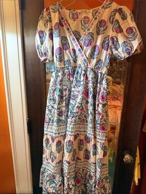 CELINA MOON Cream Maxi Dress with Pink & Teal Floral Print